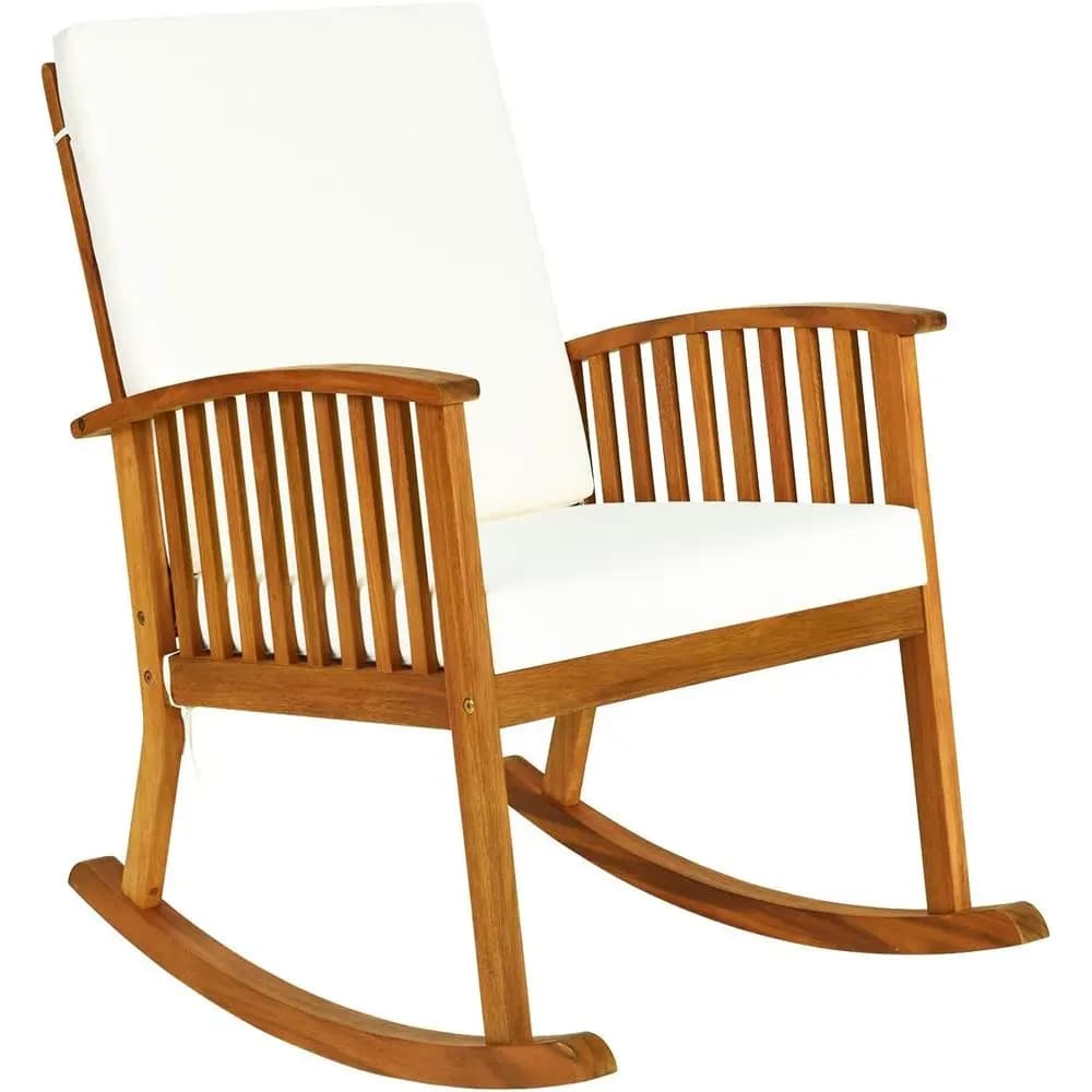 Acacia wood outdoor rocking chair, wooden deck chairs with removable and washable cushions, for veranda, garden, patio, balcony, swimming pool, interior