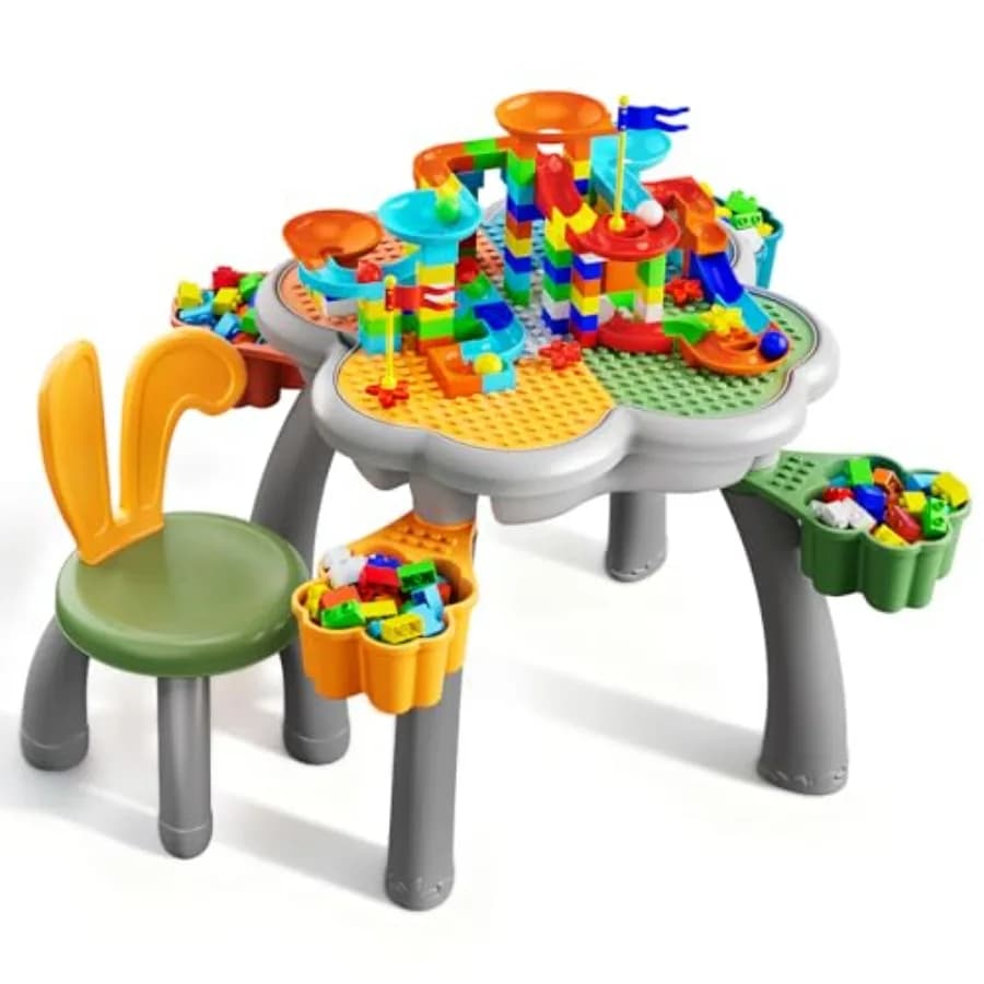 Set tavolo e sedia per attività sensoriali per bambini dai 3 ai 6 anni: sedie a forma di coniglio, grandi blocchi per pista delle palline, tavolo per giochi con sabbia e acqua