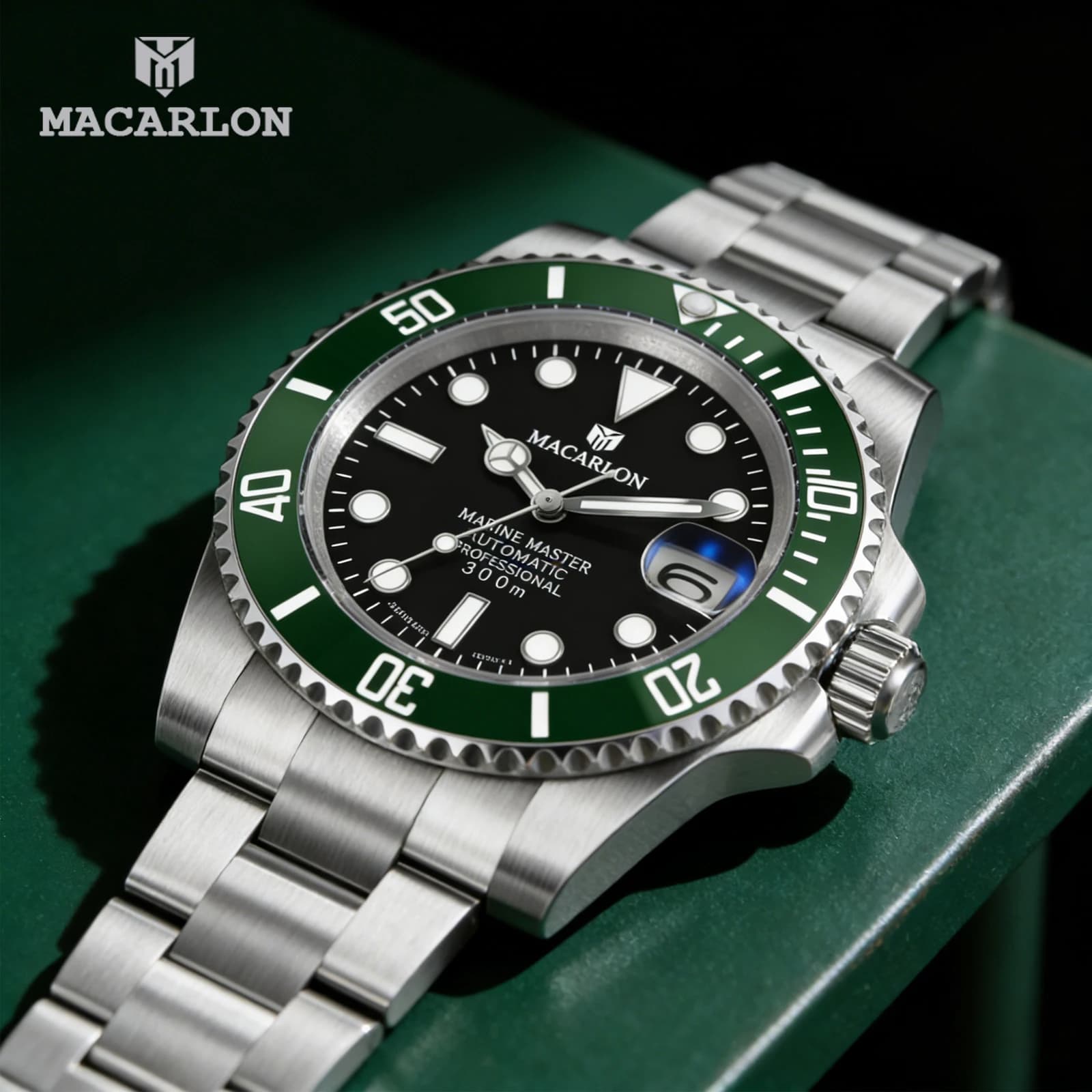 Men's Mechanical Watch MACARLON Design New with Calendar, Sapphire Glass, Bright, Stainless Steel, Waterproof, Chinese Automatic Movement NH35