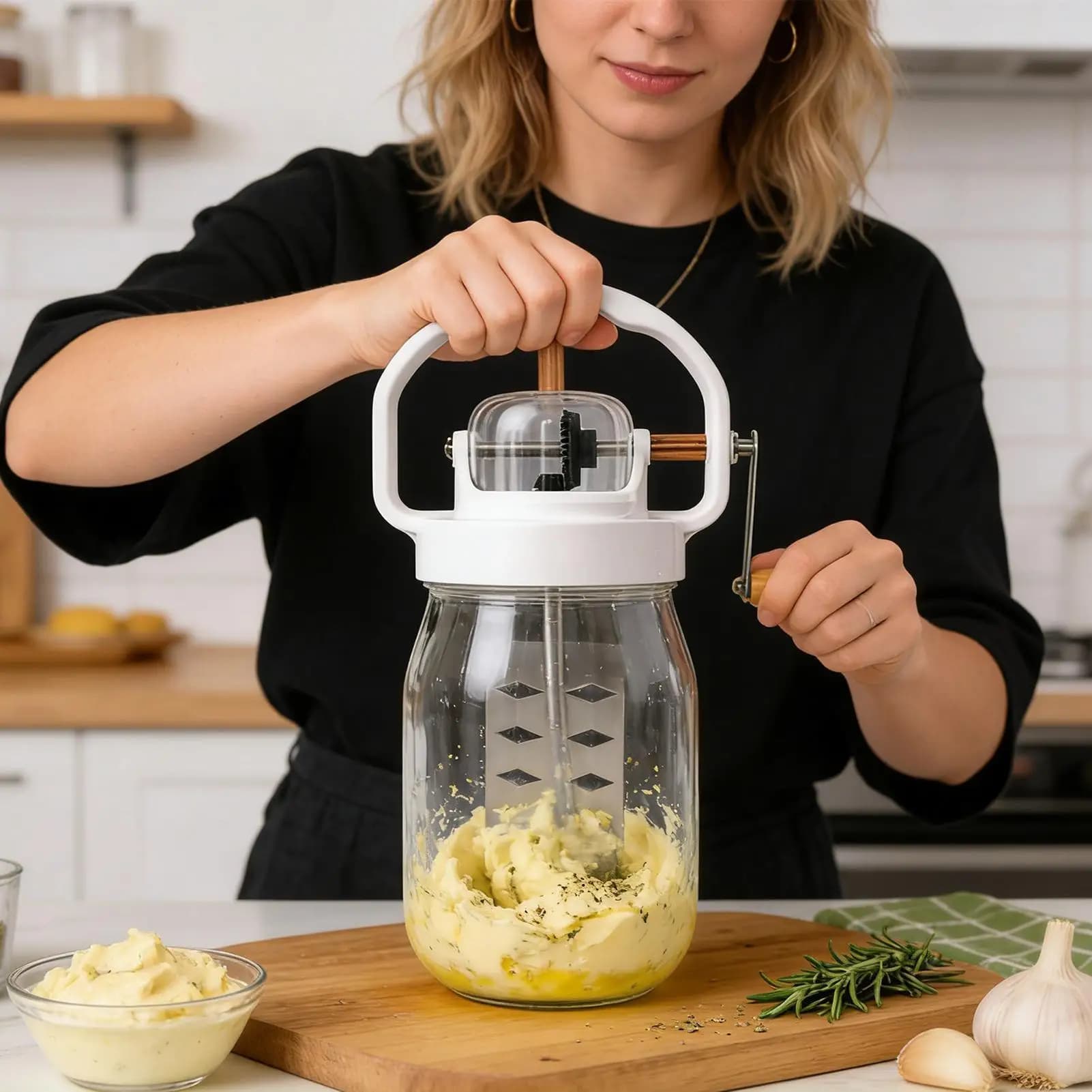 Frullatore Manuale 1500ML con Bottiglia in Vetro e Frusta per Pasticceria, Alimenti per Bambini, Farina, Marmellata, Uova, Impasto