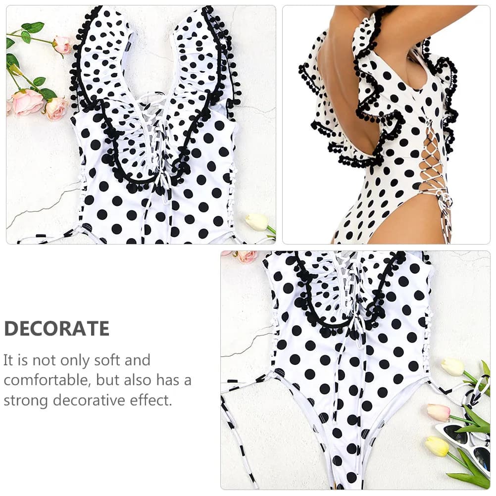 Women's black polka dot swimsuit, with American neck, volant, without back, elastic and comfortable for beach and pool