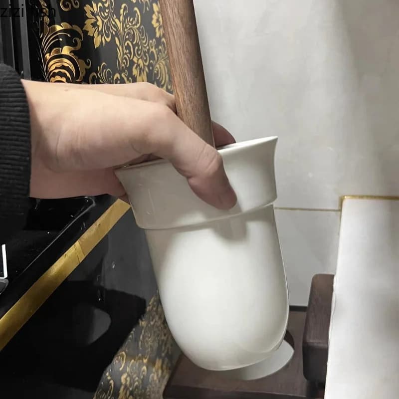 Ceramic Base Toilet Brush Holders Bathroom Wood Toilet Brush rack Wall-mounted Brushes No-punch Wall Cleaning Brush Set