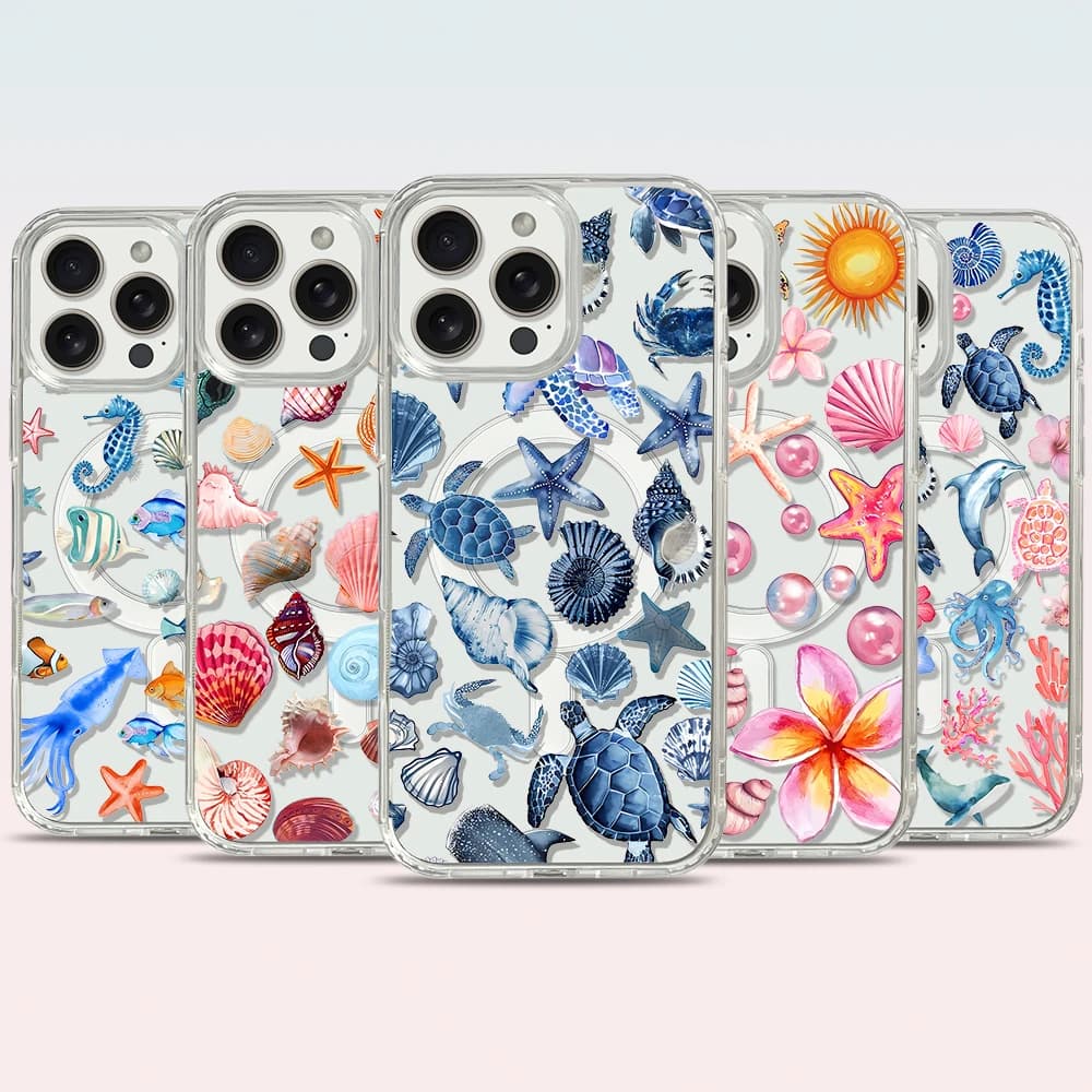 Marine Shell Collage Magnetic Phone Case for iPhone 16 pro max 15 Plus 14 13 12 Mini 11 Transparent Case