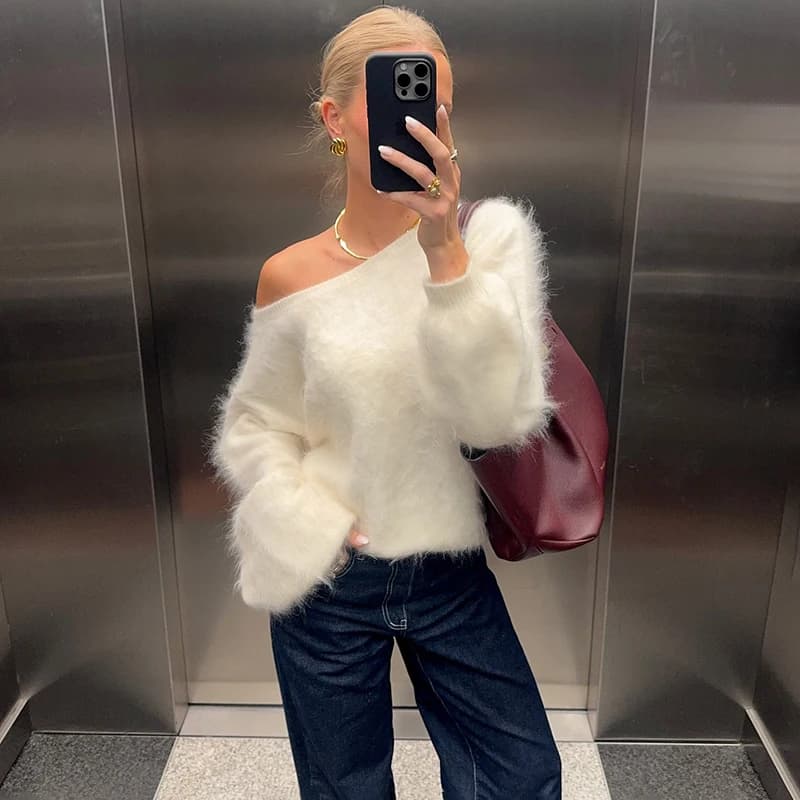 Typhaland Fashion Mink Hair Sweater Pullovers Women Casual Sexy Off Shoulders Long Sleeve Knitted Top 2026 Spring Lady Sweater