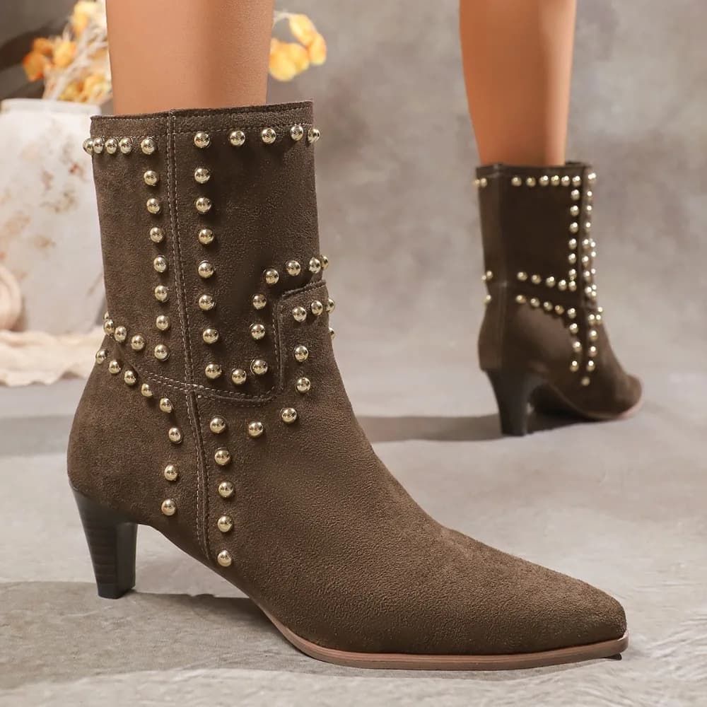 Stivali Autunnali da Donna con Borchie e Tacco Alto, Stivali a Punta in Camoscio con Borchie per Autunno e Inverno 2026, Scarpe da Donna