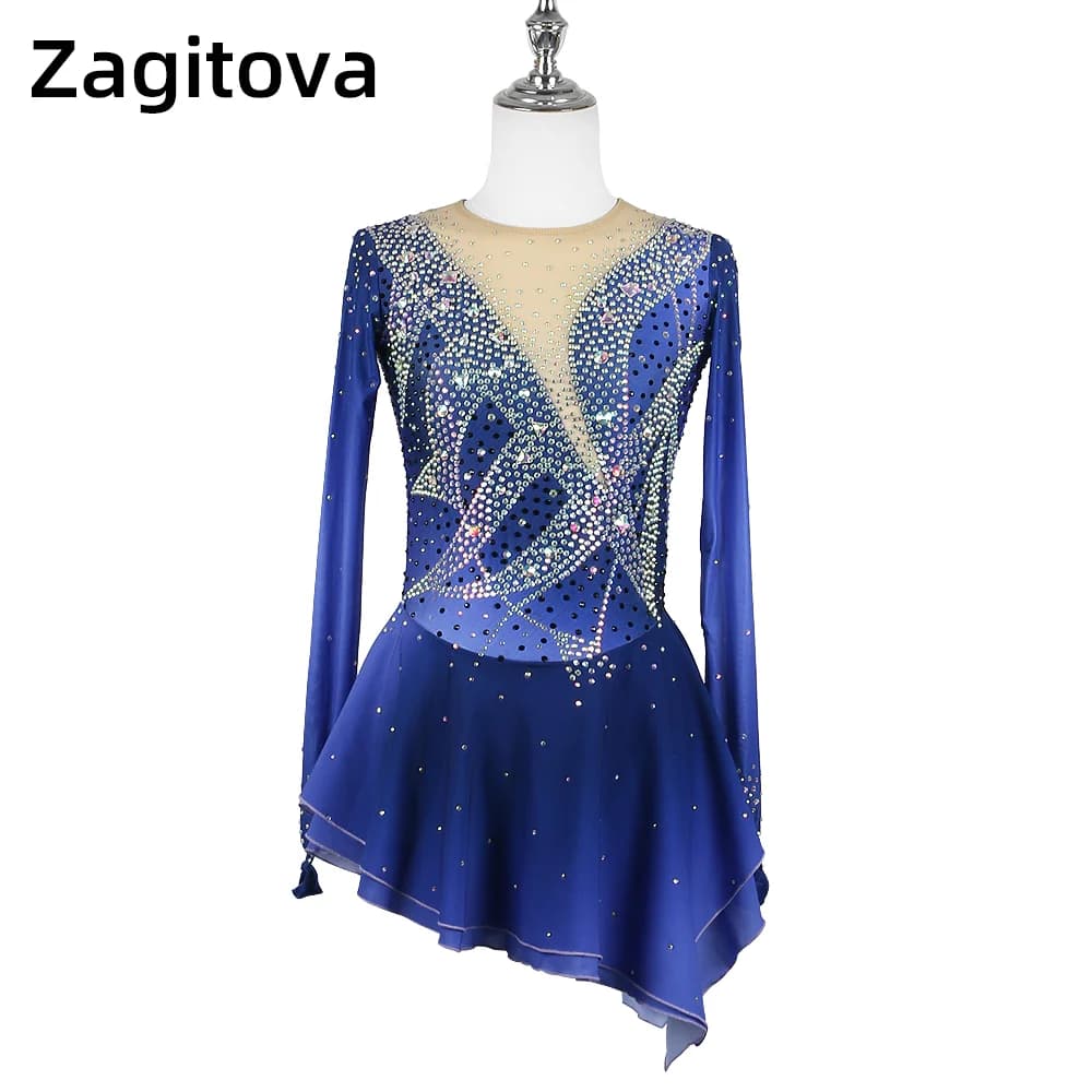 ZAGITOVA Abito da pattinaggio di figura Gonna da pattinaggio su ghiaccio per ragazza da donna Costume con gonna a rete sfumata blu diamante lucido