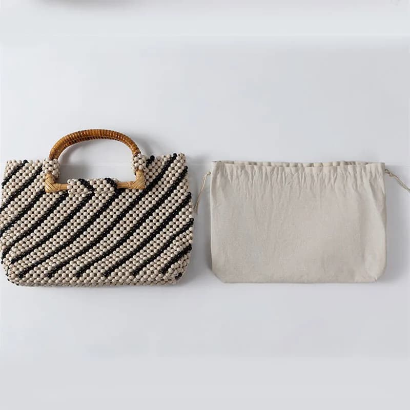 2026 Trendy Large Capacity Wooden Bead Handbag New Color Block Hollow Out Bead Tote Bag Casual Travel Beach Bag for Women