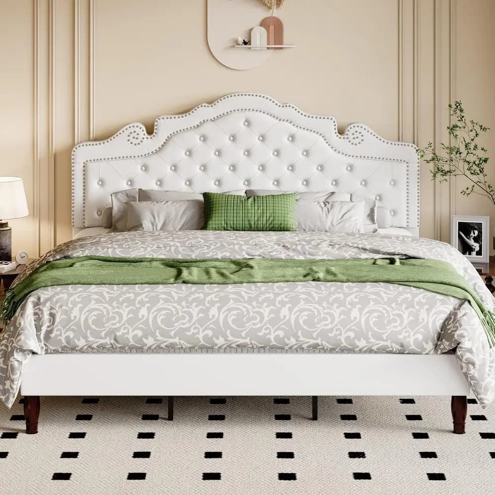 Testiera Tiara in velluto, struttura letto king size, letto con piattaforma imbottita con bottoni a diamante, supporto a doghe in legno, base per materasso, culo facile