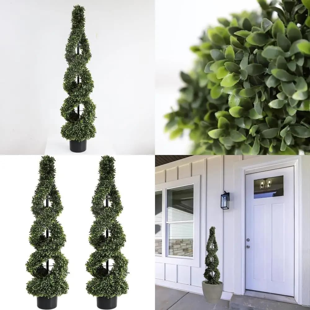 Set of 2 Artificial Bosso Trees to Double Spiral 46 Inch, Green Decorative Plants for Interior/External in Plastic Jars