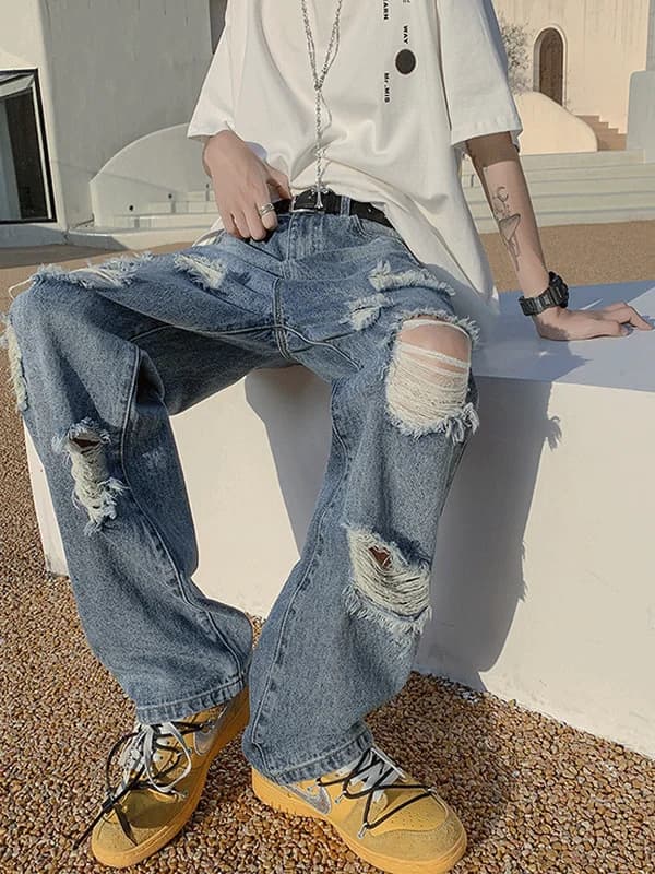 American High Street Men's Summer Faion Straight Leg Jeans Hole Punching Street Sle Casual Loose Fit Long Pants