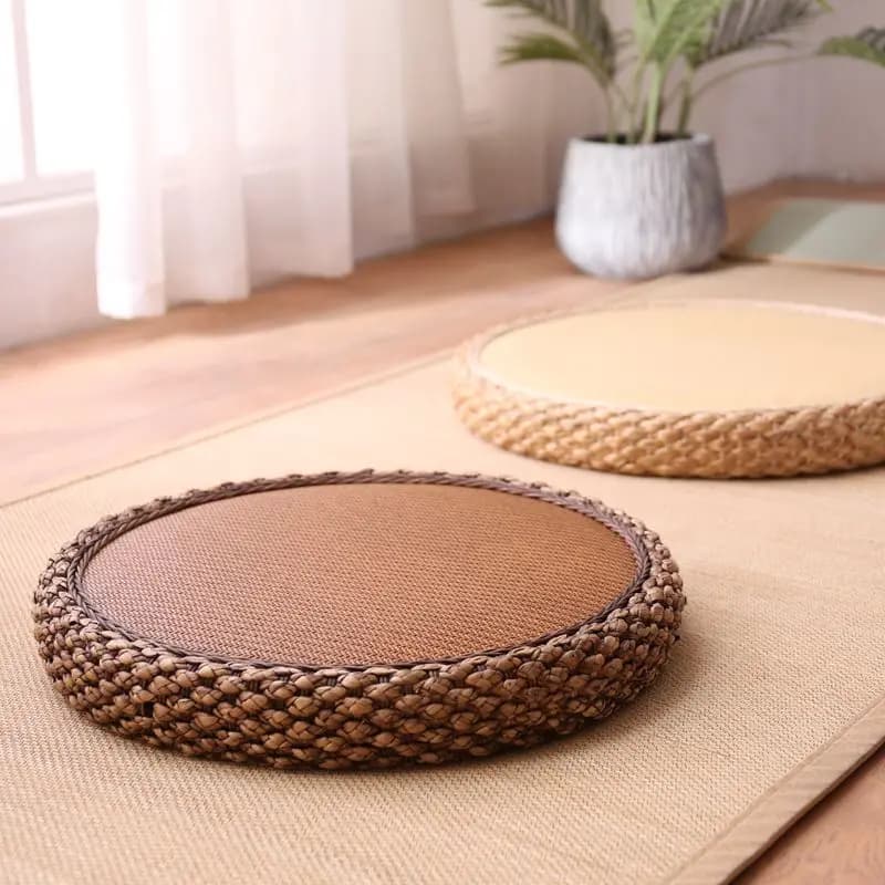 New Premium Sturdy Round Rattan & Solid Wood Floor Cushion Stool, Japanese Tatami Meditation Mat for Living Room, Bedrooms, Home