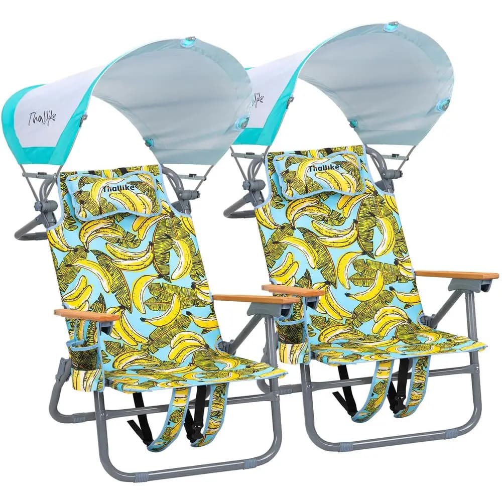 Pack Backpack Beach Chairs with Canopy Headrest Cooler Bag Cup Holder Towel Bar 5Position Recline Wooden Armrests Aluminum Fram