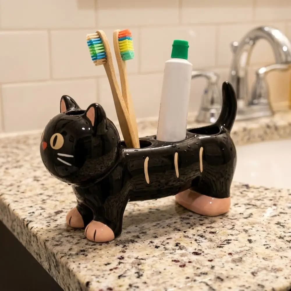 Portaspazzolino in Ceramica a Forma di Gatto/Cane con 4 Fori, Supporto per Spazzolino Elettrico con Base Antiscivolo, Design Originale