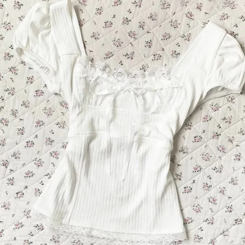 Deeptown Dolce Kawaii Bianco T-shirt Donna Shoujo Moda Coquette Arco Manica corta Tees Stile coreano Patchwork di pizzo T-shirt