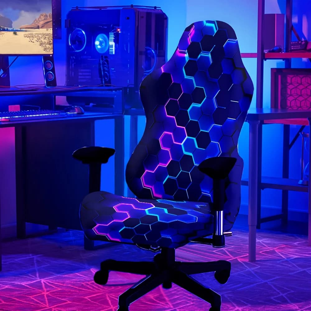 Set di Coprisedia da Gaming con Decorazione Reattiva alla Luce UV Nera, Motivo a Griglia Geometrica Luminoso per Sedia da Computer