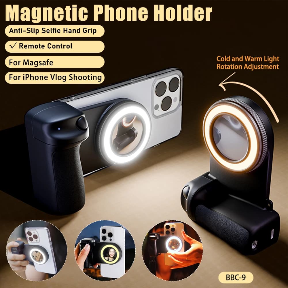 Magnetic Handle Grip With Fill Light For Magsafe Anti-Slip Smart Phone Bracket Camera Selfie Bluetooth Remote Shutter For iPhone