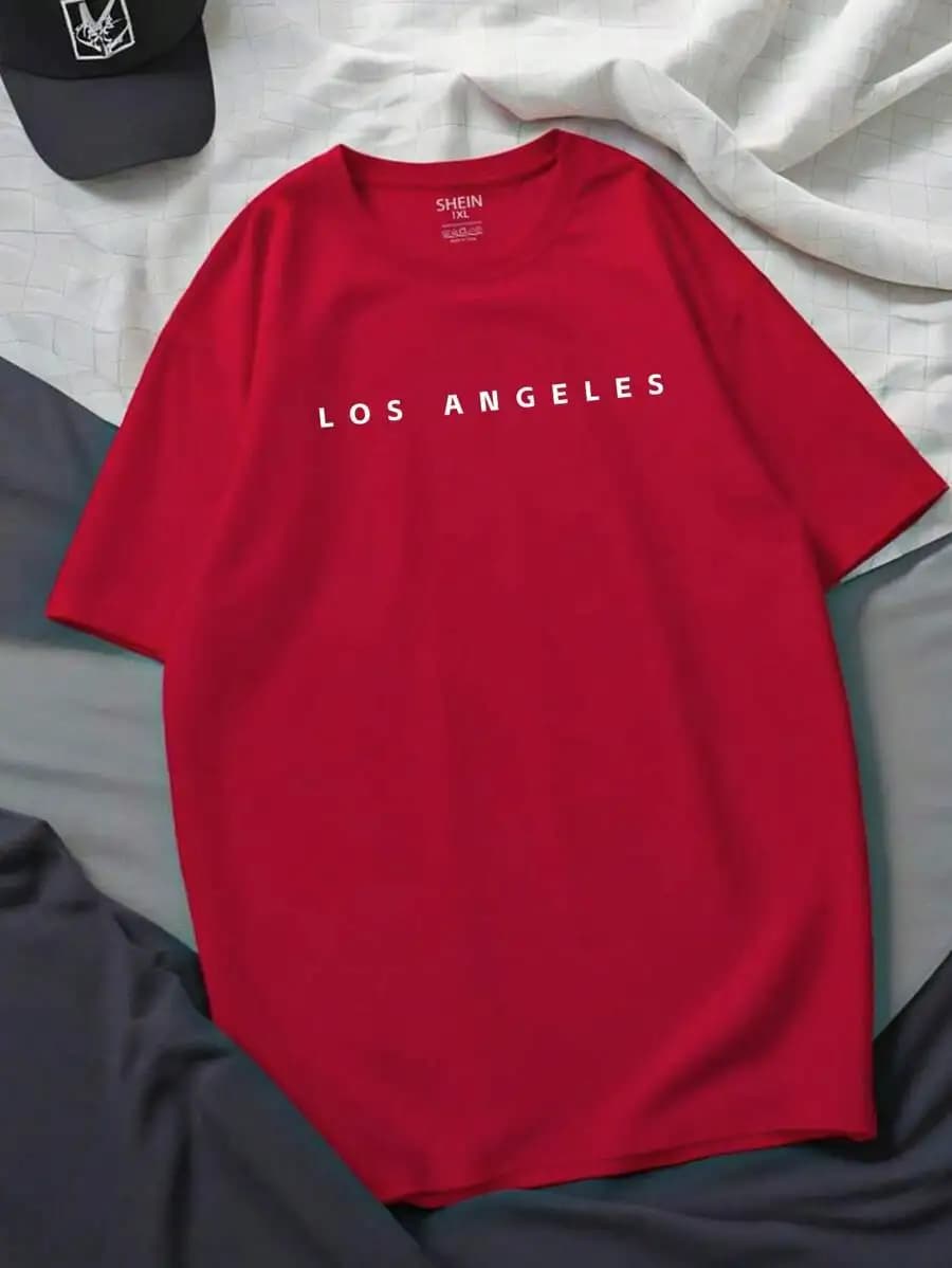 T-shirt casual rossa con stampa di lettere Los Angeles, manica corta, girocollo, unisex