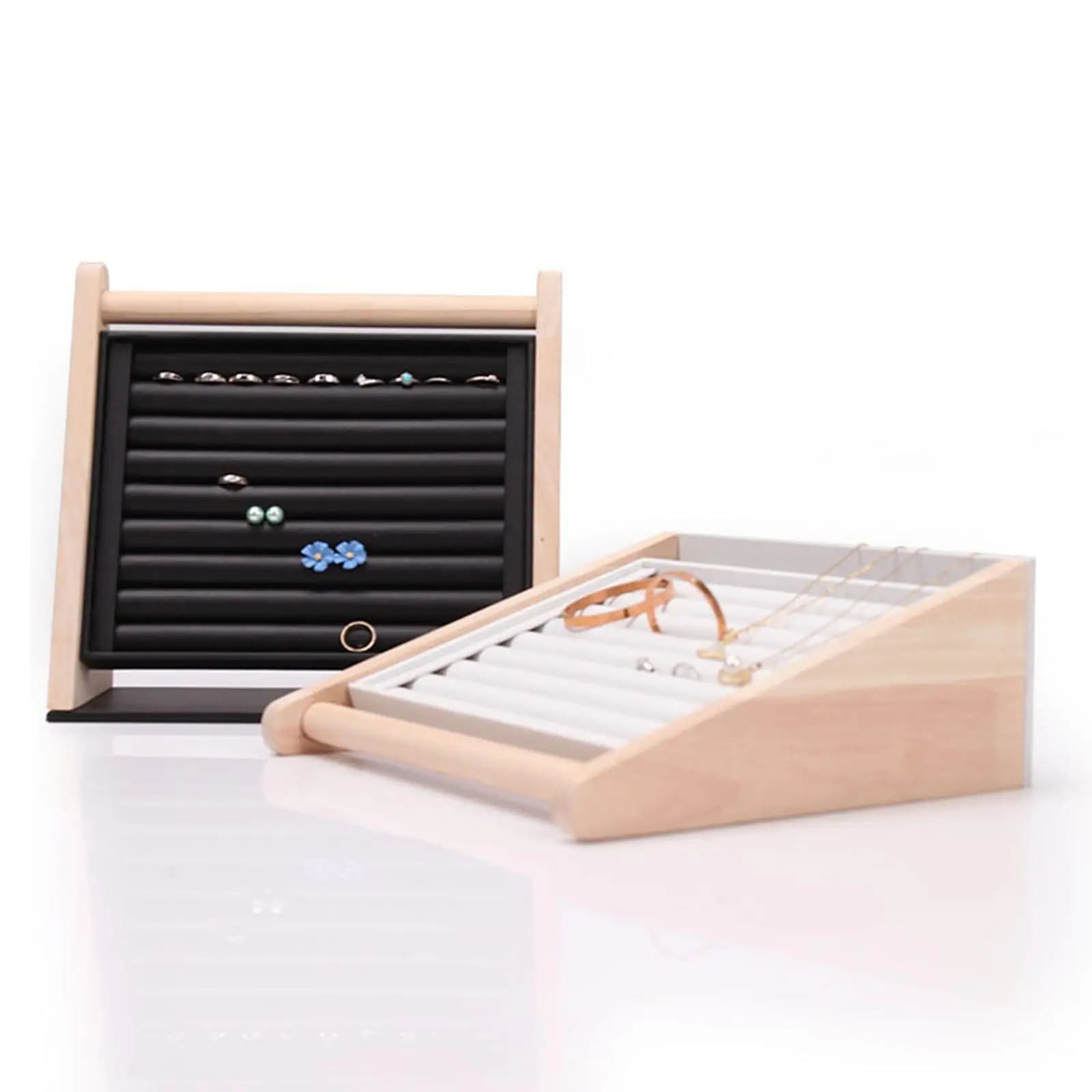 Rings Display Stand Tray Wooden Earrings Studs Storage Holder Jewelry Organizer for Rings Bracelets Necklaces Countertop Dresser