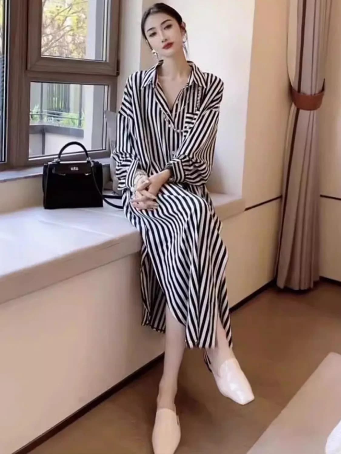 Spring 2026 plus Size Women's Striped Collar Long Sleeve Sun Protection Shirt Dress mid Length A-Line Casual Dress