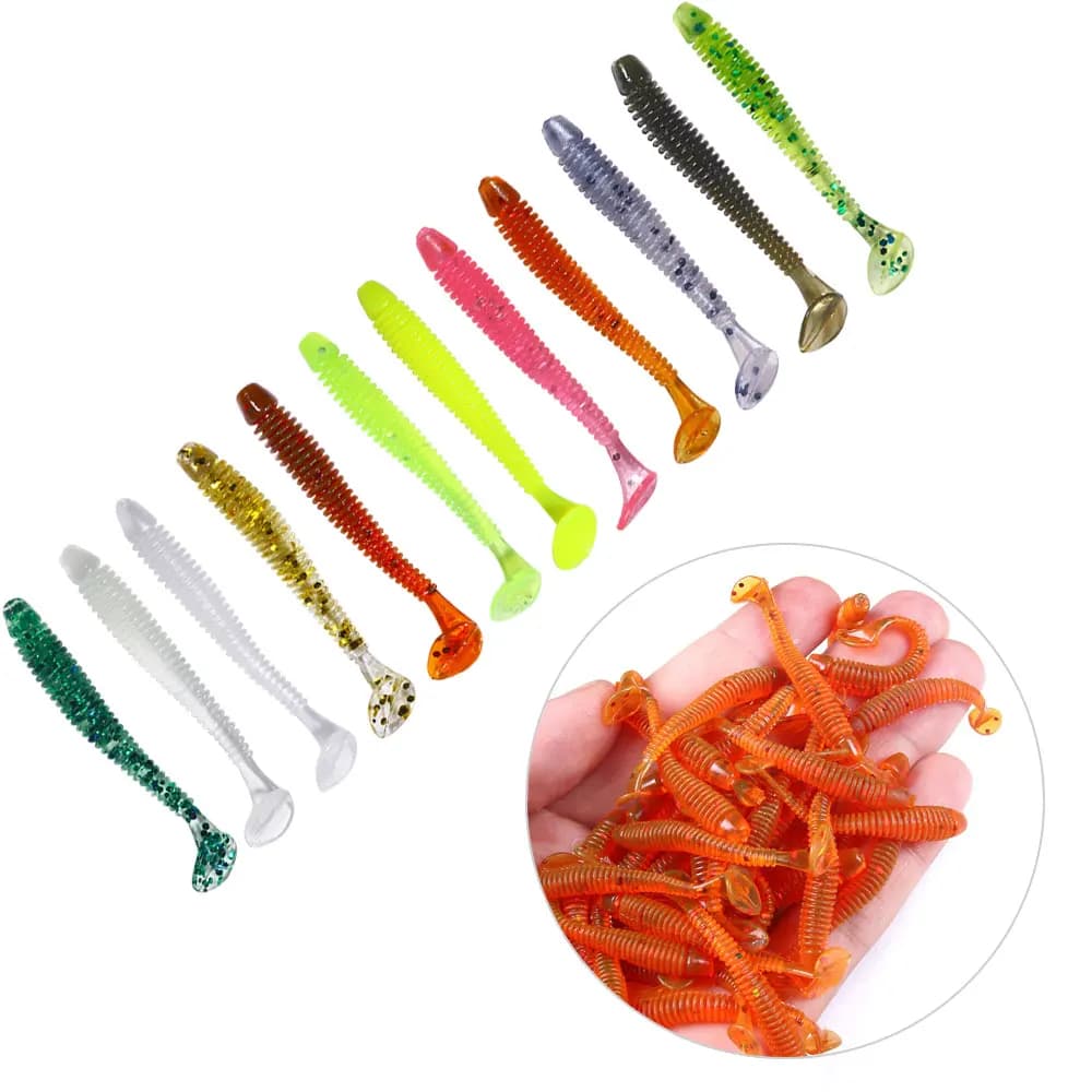 HENGJIA 50 pz/borsa 5 cm T Coda Silicone Esca Morbida Pesca Vermi Artificiali Esche Morbide Carpa Spigola Luccio Mare Accessori Per la Pesca