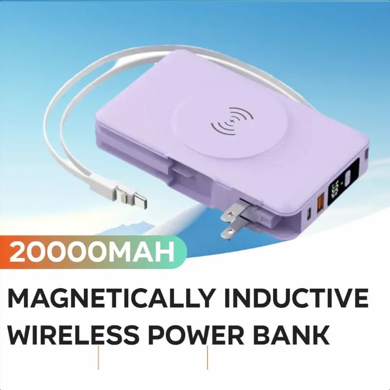Magnetically Inductive Wireless Power Bank with Large Capacity Built-in Cable and Plug Supports Fast Charging