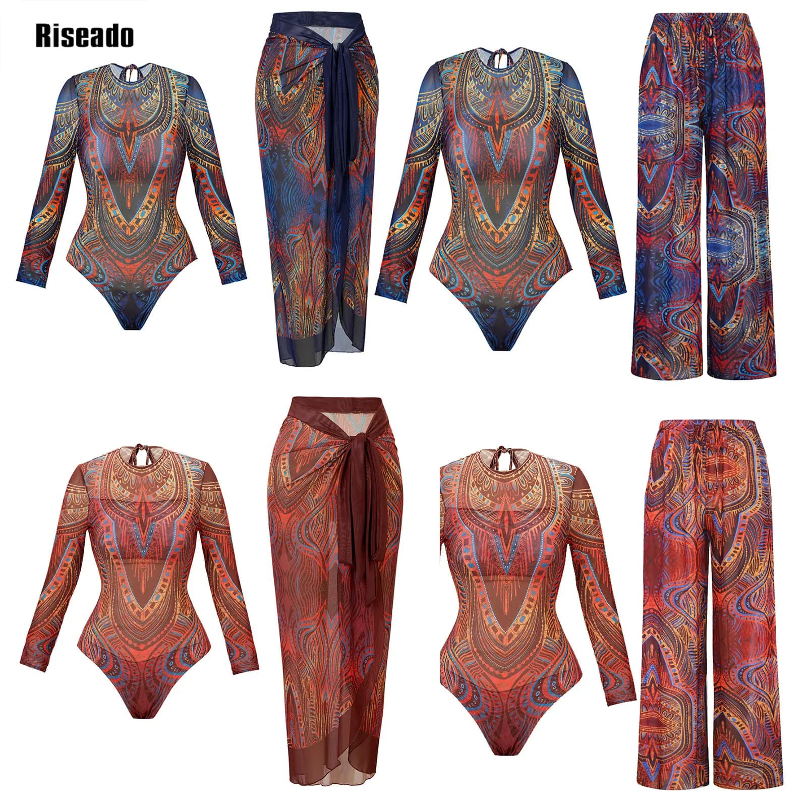Costume da bagno in rete con costume da bagno lungo Costume da bagno in rete a maniche lunghe Costume da bagno sexy a vita alta con gonna Abbigliamento da spiaggia intelligente