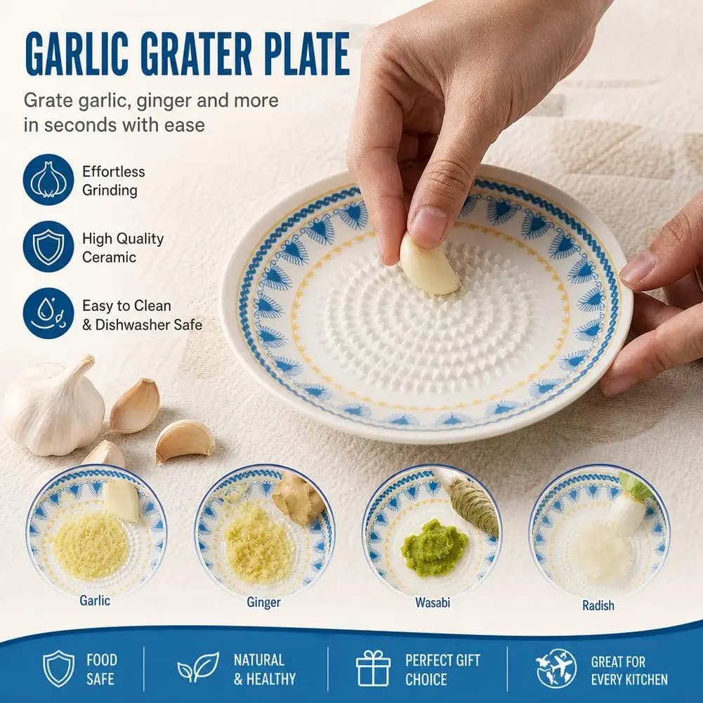 Garlic Grater Plate Ceramic Ginger Mincer Plate All-in-One Grinding Mixing Serving Tool For Garlic Ginger Turmeric Cheese Tomato