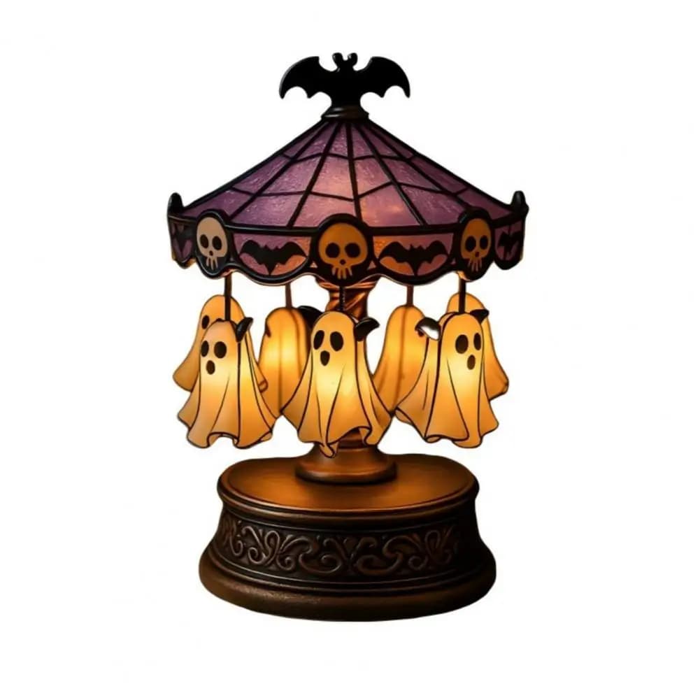 Decorazione festiva di fascino di Halloween Luce notturna a carosello in vetro colorato spettrale con lampada da scrivania di Halloween fantasma galleggiante per camera da letto