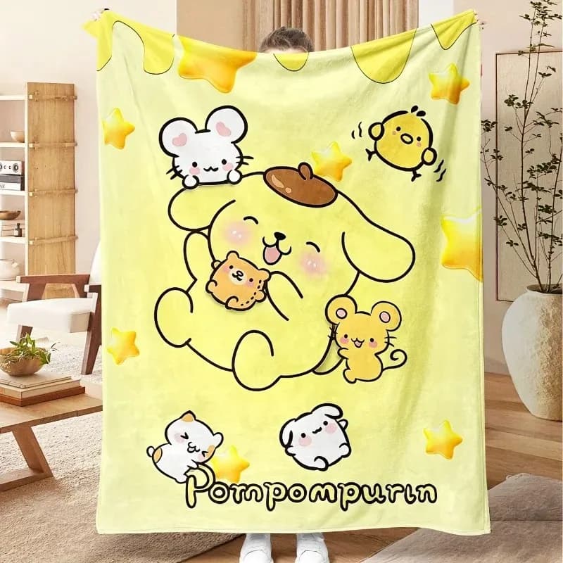 Coperta in flanella gialla Pom P-pompurin, morbido plaid con stampa di cani e amici, decorazione Kawaii Sanrio per camera da letto e cameretta dei bambini