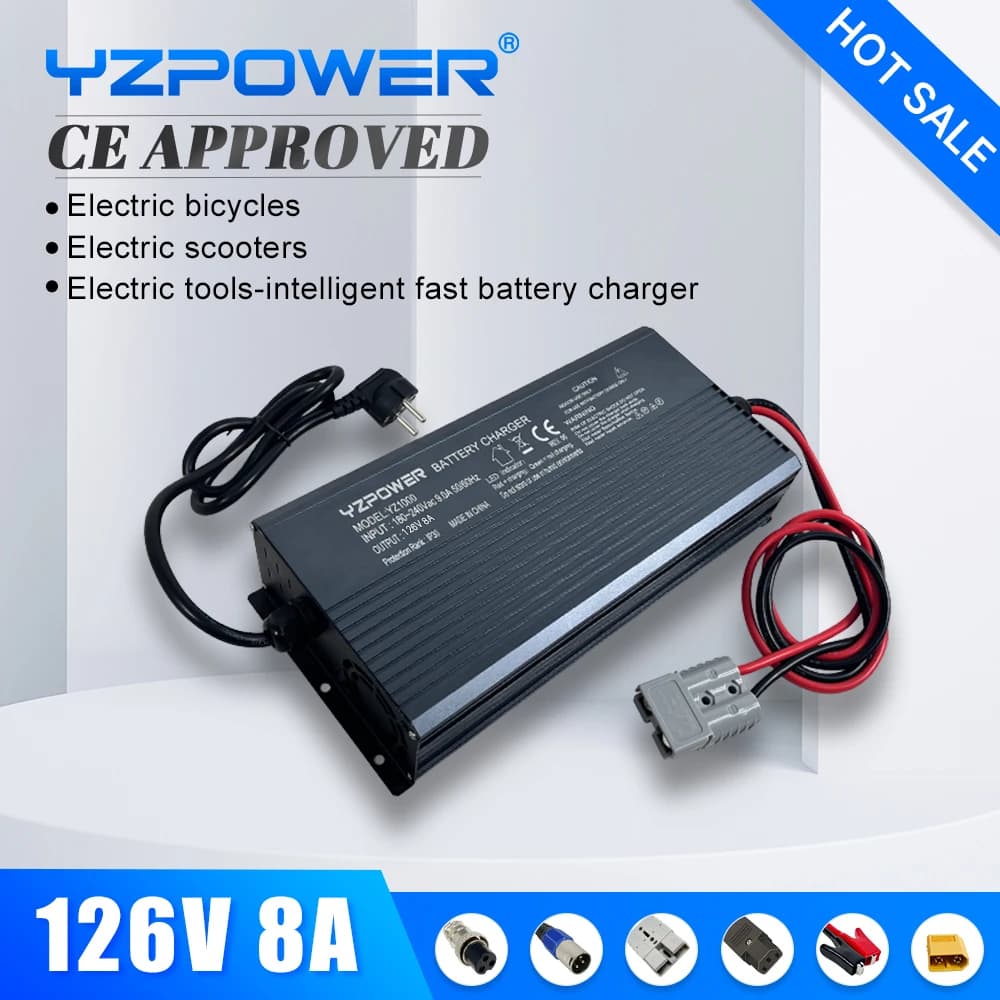 Caricabatteria rapido al litio YZPOWER per 126V 8A con Display con ventole strumento di ricarica Ebike per moto elettrica con spina di uscita