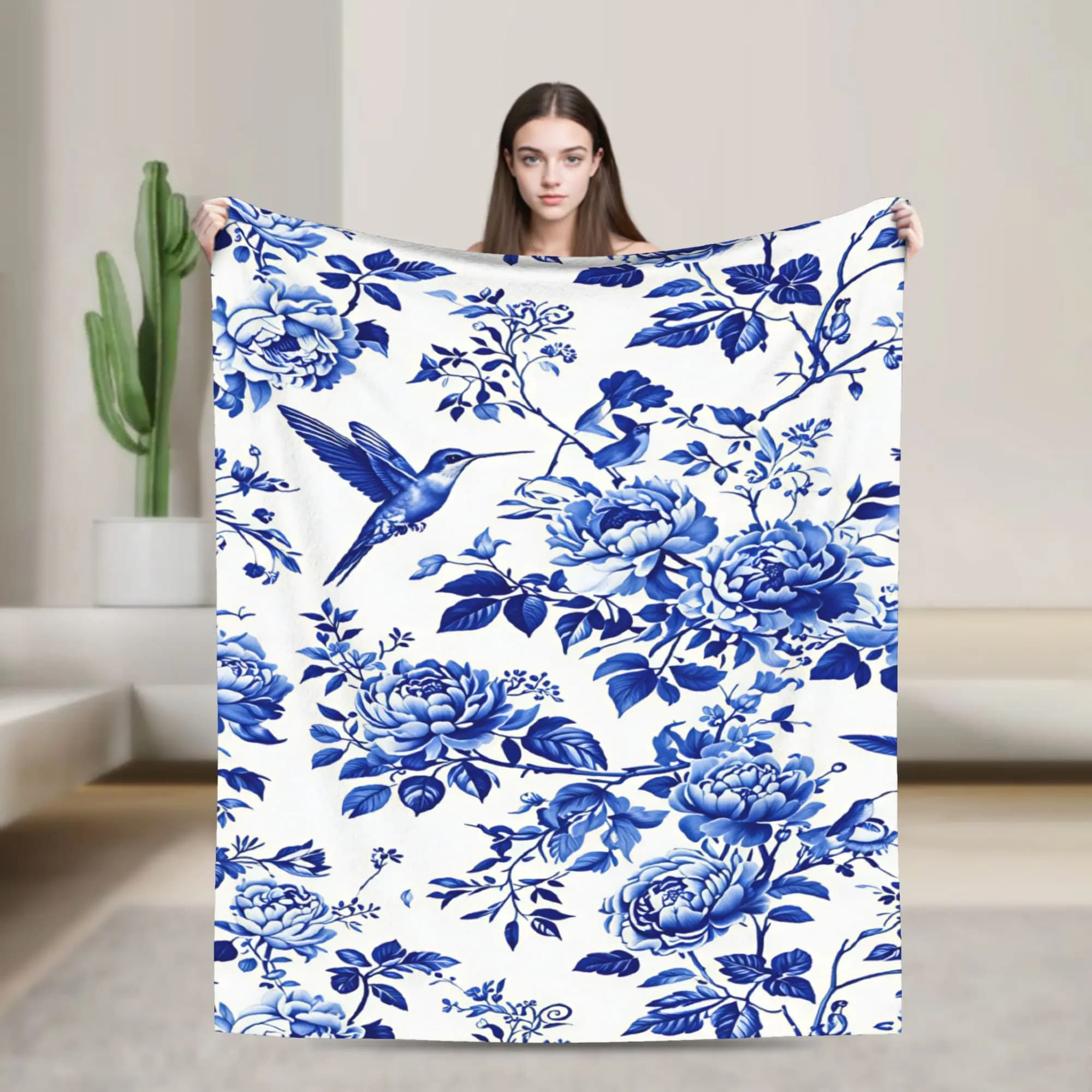 Navy Blue Toile De Jouy Soft Warm Blankets Travel Plush Throw Blanket Fashion Couch Chair Flannel Bedspread Sofa Bed Cover