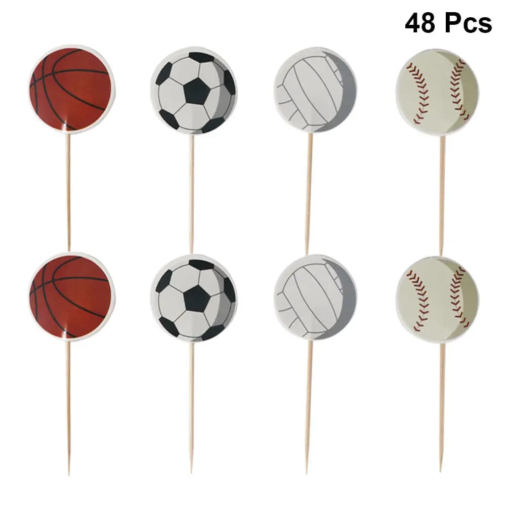 Set di 48 Decorazioni per Torte a Tema Sportivo, Topper in Carta a Forma di Pallone da Calcio, Baseball, Pallavolo e Basket per Feste di Compleanno e Baby Shower