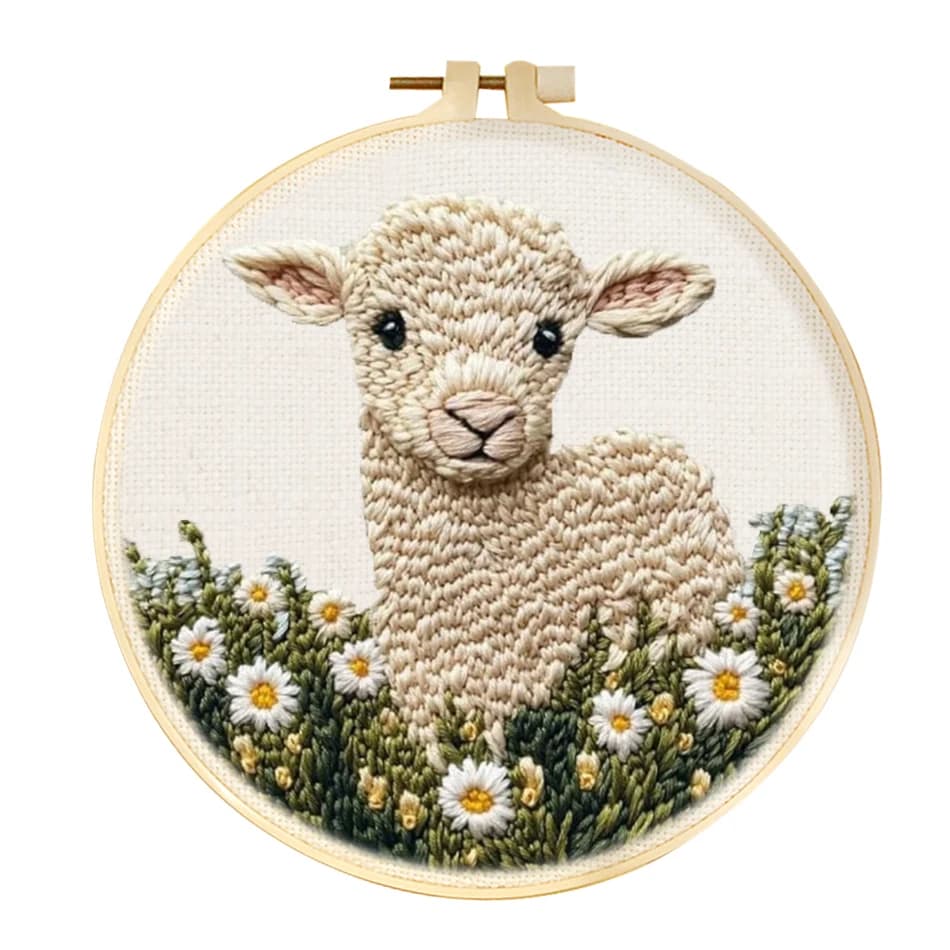 Embroidery set with do-it-your punching needle for cute animals for beginners for kits, fabric, thread, circle, craft painting, lamb model
