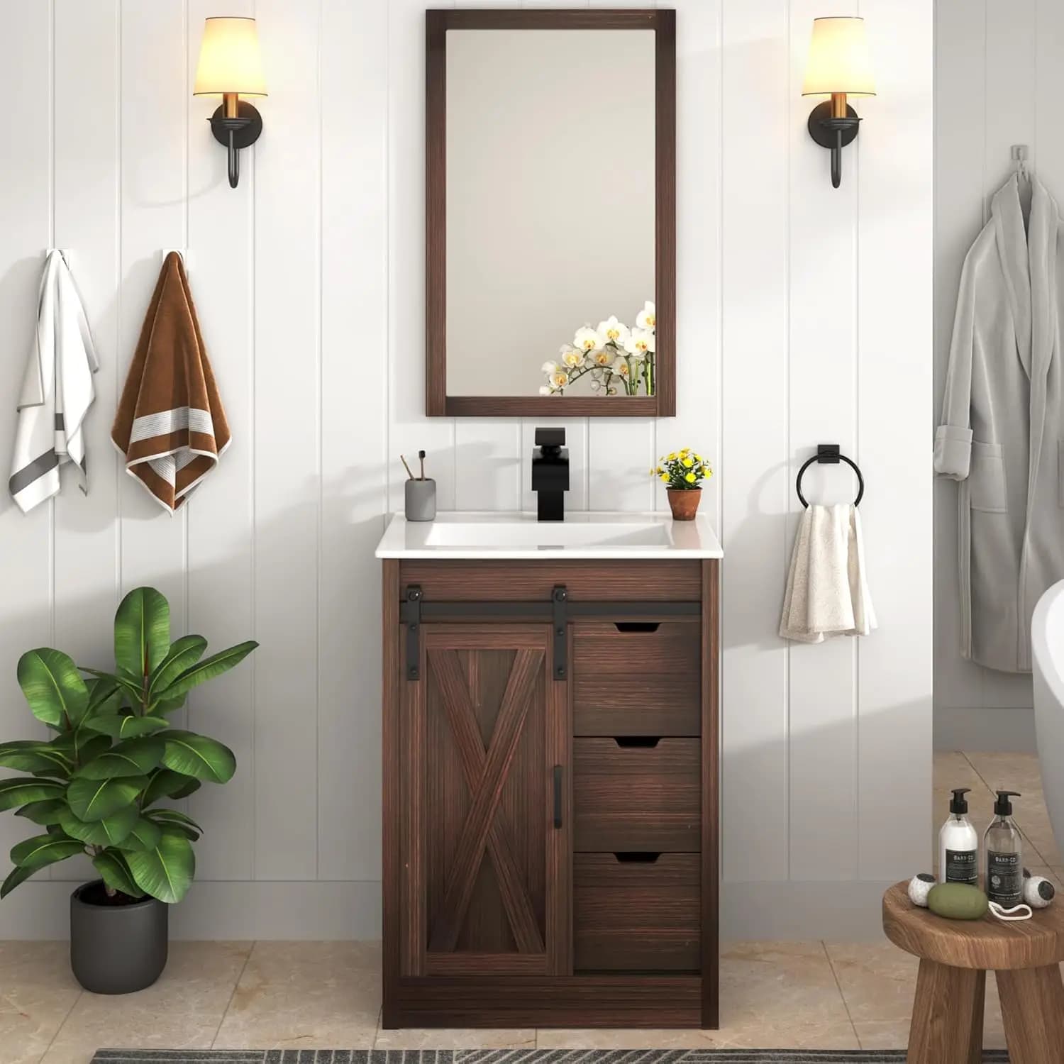 Set Lavabo Bagno 24 Pollici con Rubinetto, Specchio, Ante Scorrevoli Stile Fienile, Cassetti e Mobile Contenitore Rustico Marrone, Personalizzabile