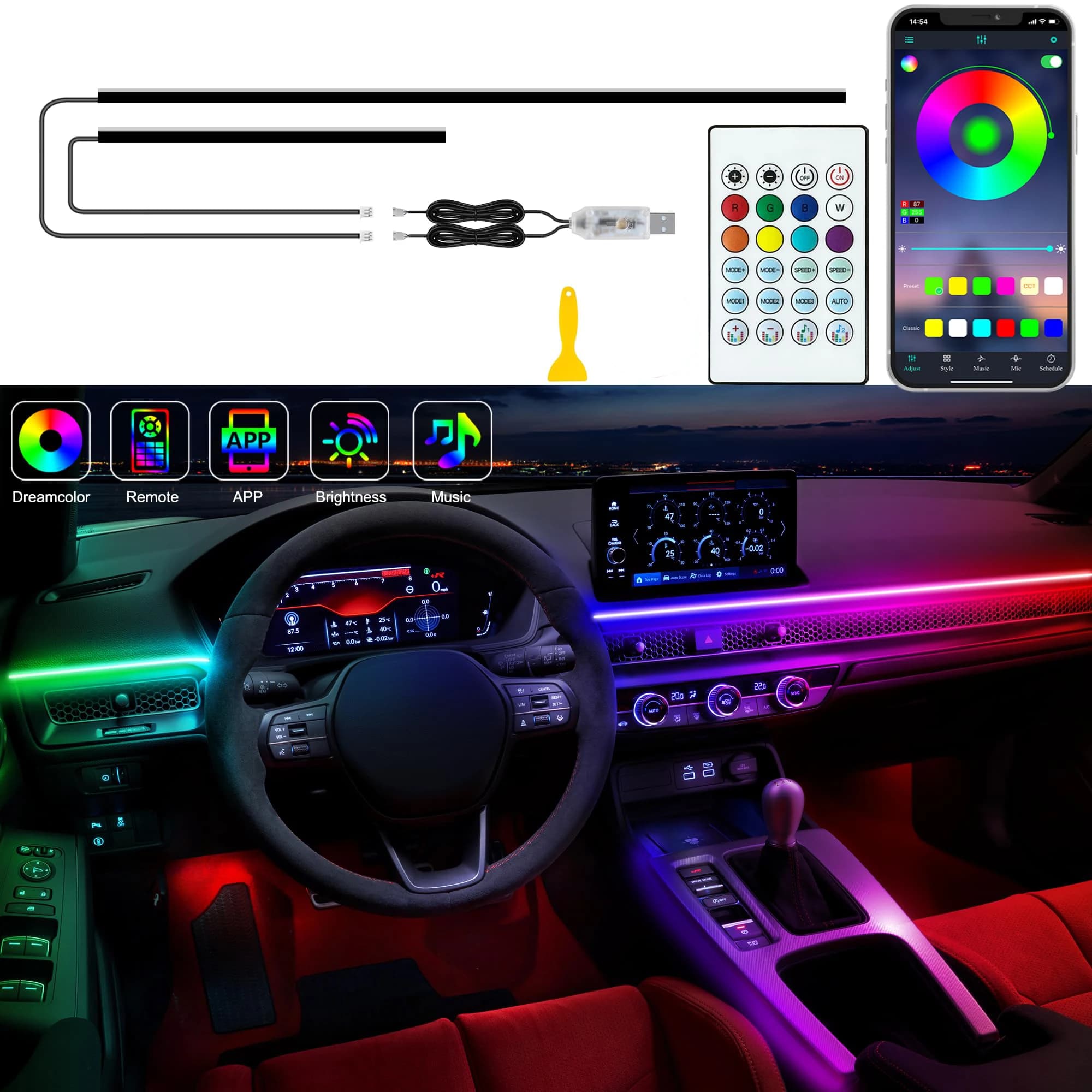 2 in1 Dynamic Neon Car Ambient Lighting Dreamcolor acrilico LED interni Strip Light RGB per Tesla Model 3/Y/S/X lampada decorativa