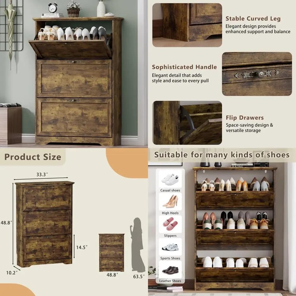 Wooden space saving shoe with adjustable entrance shelves, tight organizer and efficient scarve rack