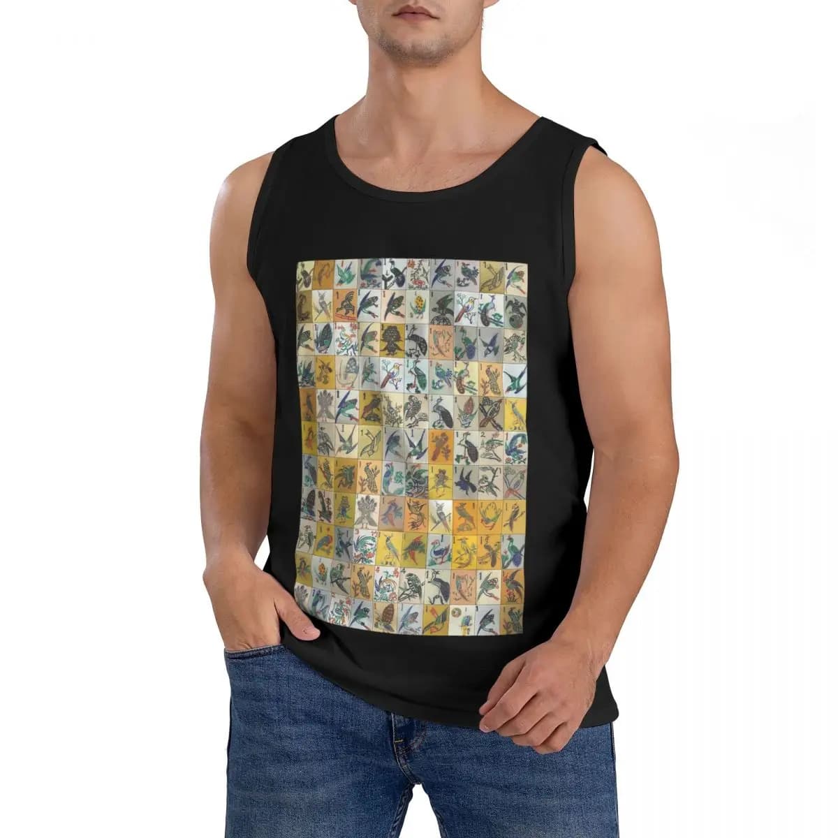 T-shirt senza maniche da uomo 100% cotone con stampa Mahjong Birds, gilet sportivo da allenamento con scollo rotondo