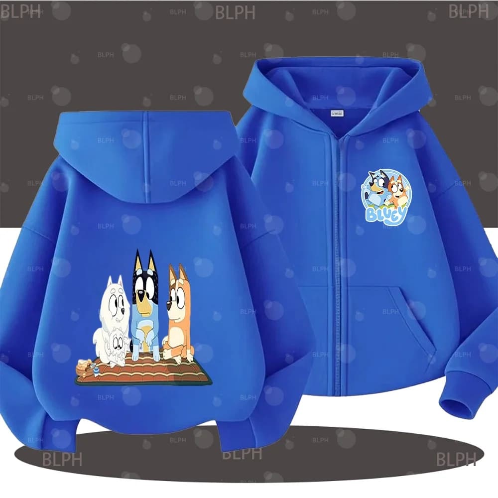 Simpatica felpa con cappuccio con cerniera per bambini con motivo Bluey, felpa casual con cappuccio in morbido cotone per ragazzi e ragazze