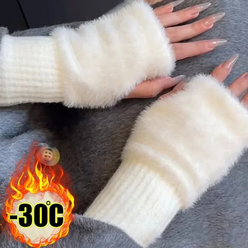 Guanti mezze dita invernali morbidi in peluche da donna Guanti touchscreen senza dita lavorati a maglia in peluche bianco solido di lusso caldo Guanti da scrittura
