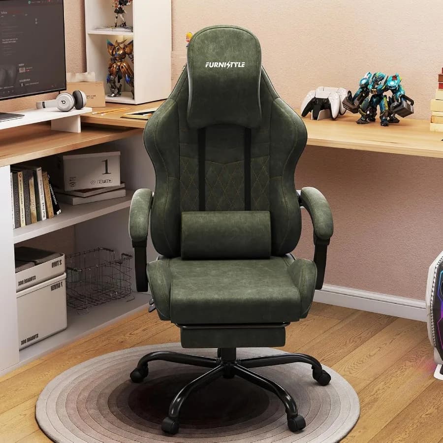 Sedia da gioco Sedie per videogiochi grandi e alte in pelle verde con poggiapiedi Braccioli imbottiti con collegamento Poggiatesta grande Computer ergonomico