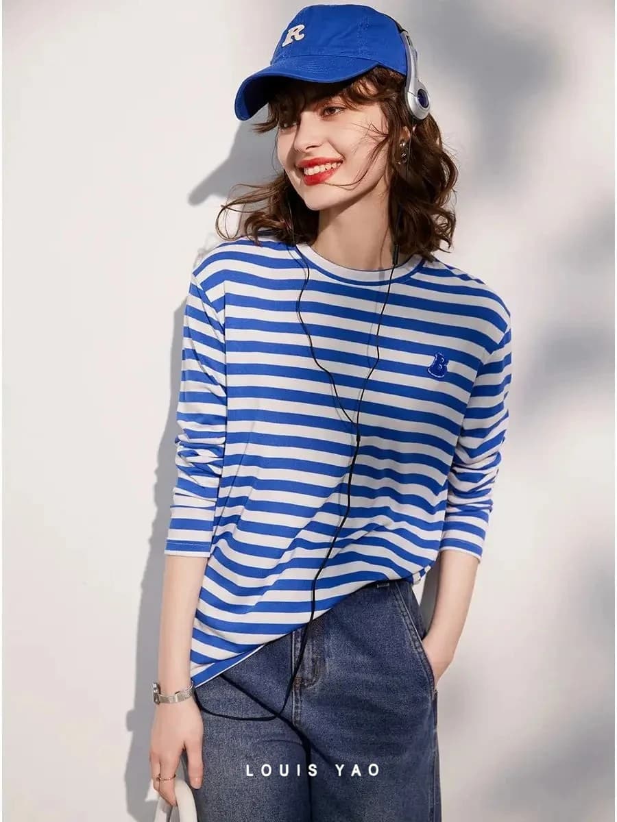 LOUIS YAO Striped Women's T-shirt 2025 Spring O Neck Long Sleeve Tee Casual Loose Fit Fashion Long Tee Pullover Top