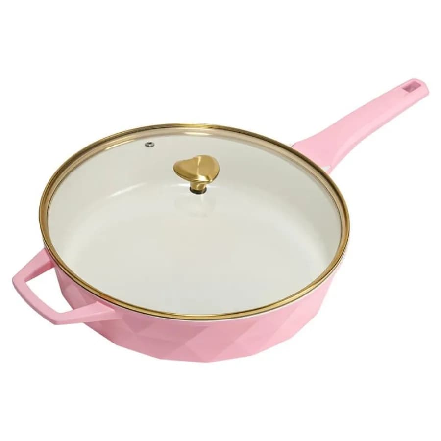 4 Quart Ceramic Nonstick Jumbo Cooking Pan Skillet for Sauteing and Frying with Heart Shaped Lid Knobs, Pink