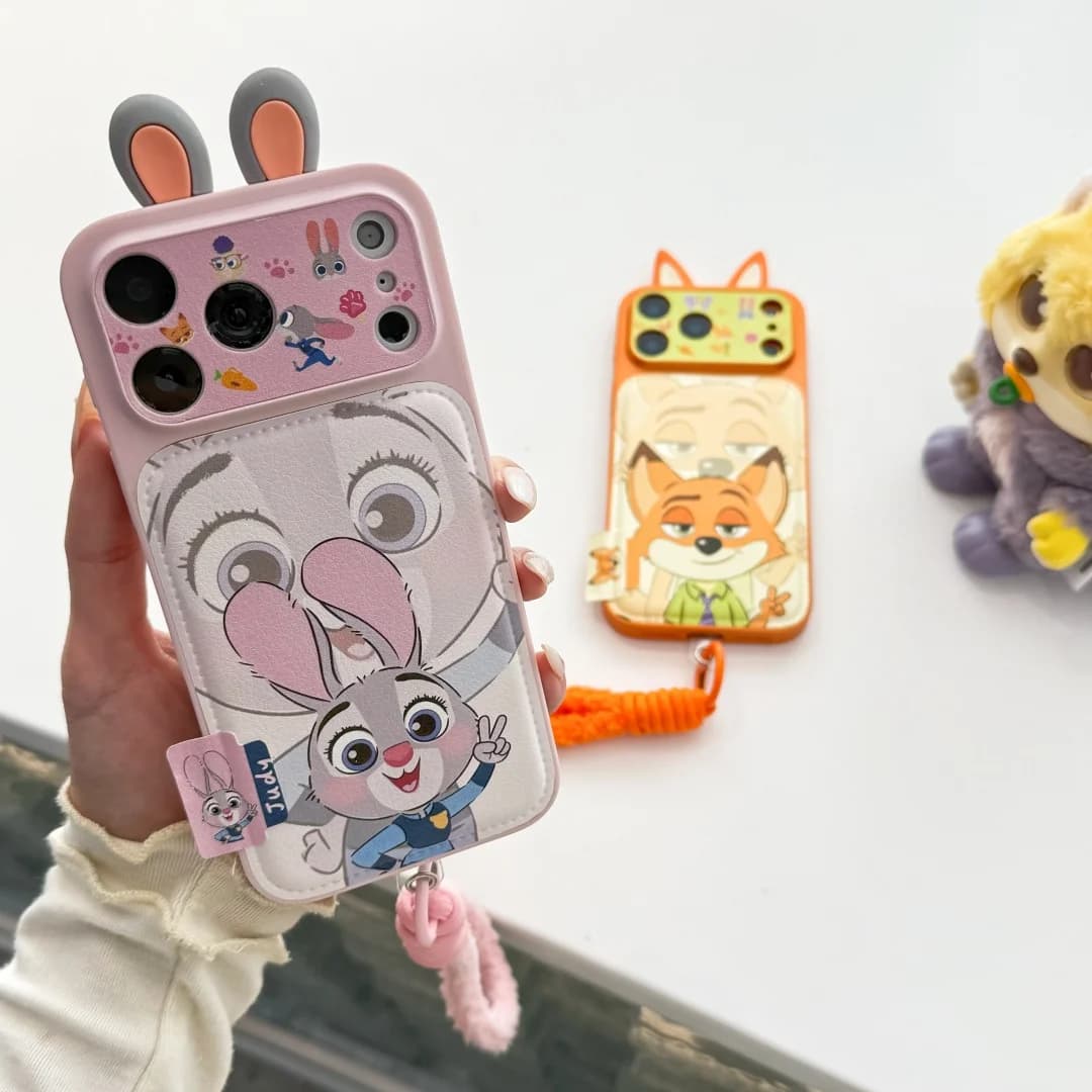 Custodia Protettiva 3D con Orecchie di Nick e Judy di Zootopia Disney per iPhone 17, 17 Pro, 17 Pro Max, 16, 15, 14 Pro Max con Cordino