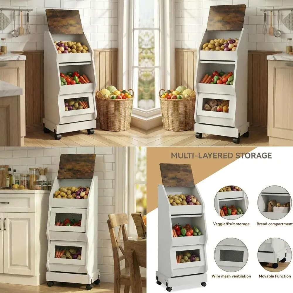 Potato and Cipolle container with Wheels, White Potato Box Mobile or Kitchen Cylinder Organizer with Cover and Food Disappearance