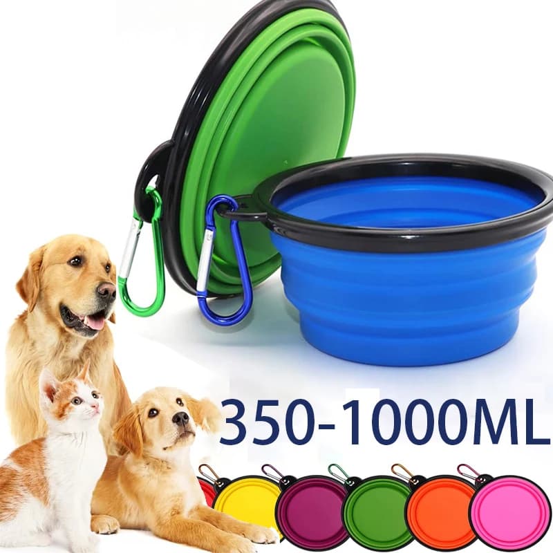 Ciotola pieghevole portatile in silicone per cani 2 in 1, dispenser per animali domestici, contenitore per cibo e acqua con moschettone per viaggi all'aperto, per cani e gatti