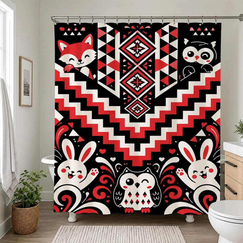 Cute Woodland Animals Shower Curtain Black Red Pattern Bathroom Decor Novelty Curtain for Kids and Adults