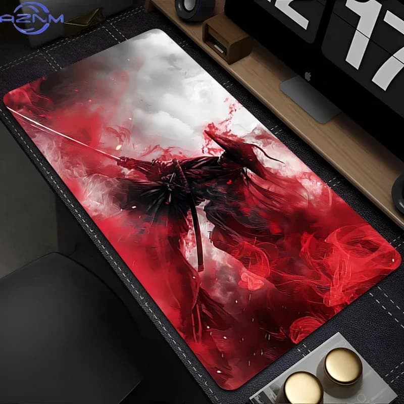 Japan Samurai Mouse Pad Computer Red Moon Gaming Extended Desk Mat Laptop Cool Anime Gamer Cabinet Keyboard Rug 800x400 Mousepad
