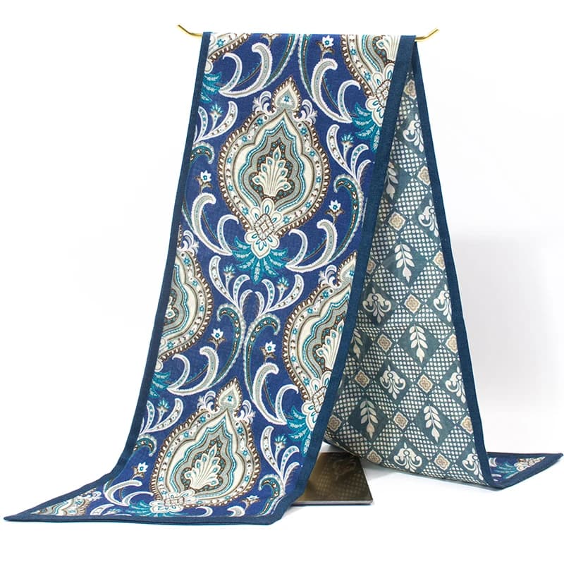 Women Reversible Wool Silk Skinny Scarf Blue Paisley Print Hand Roll Ribbon Neck Tie Hairband Bag Strap Office Travel Accessory