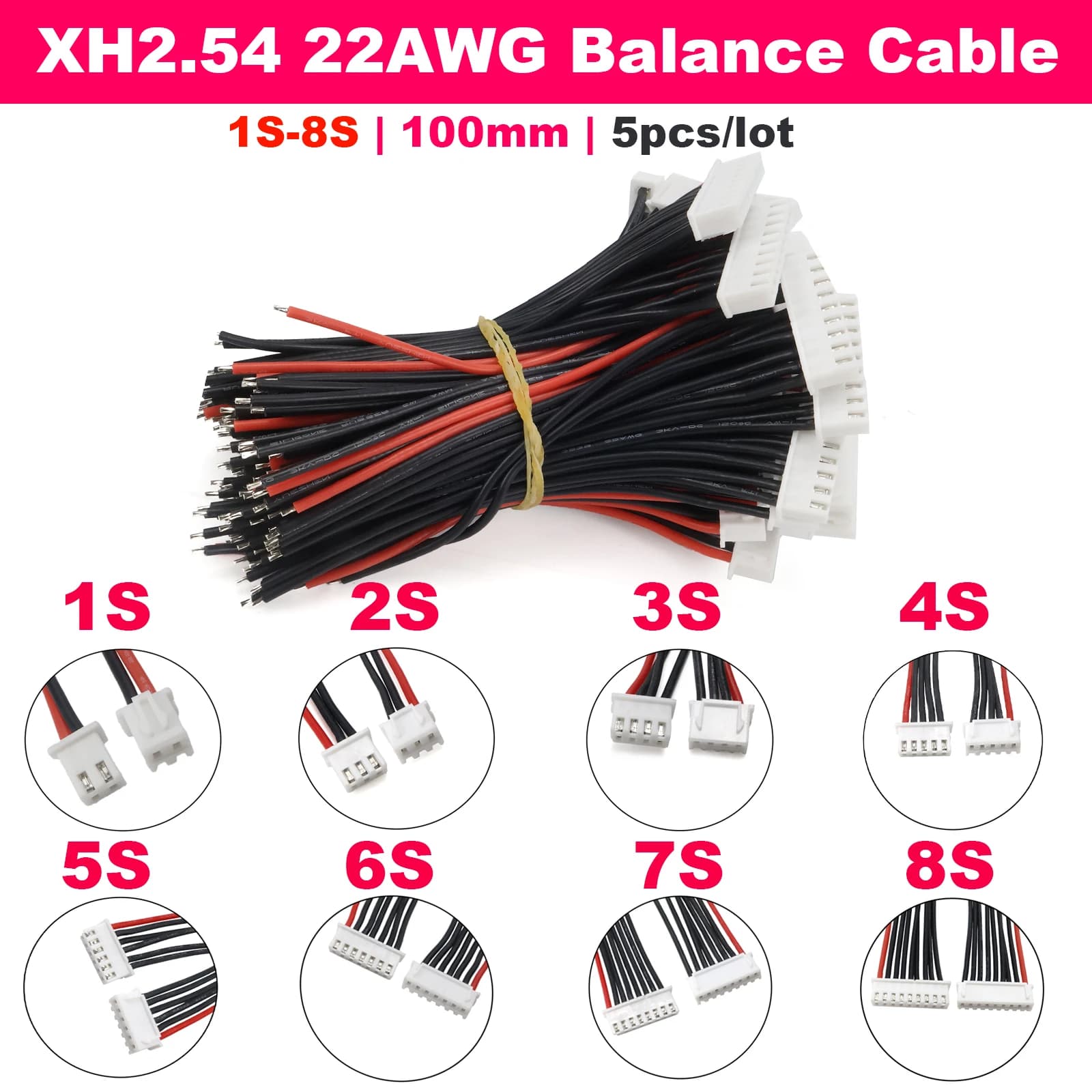 5 pz/lotto Cavo di bilanciamento per batterie LiPo 1S 2S 3S 4S 5S 6S 7S 8S, cavo in silicone JST-XH 22AWG per IMAX B6 RC Drone