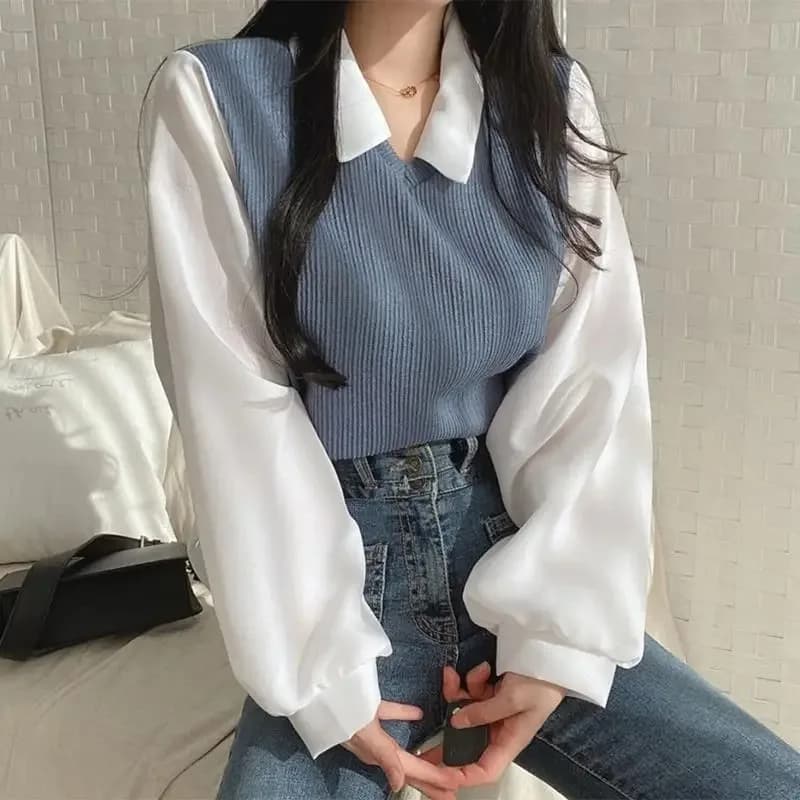 Camicetta Estiva da Donna Stile Coreano, Finta Due Pezzi con Colletto Polo, Top Y2K Streetwear, Pullover Giovanile Ampio, Camicia Elegante